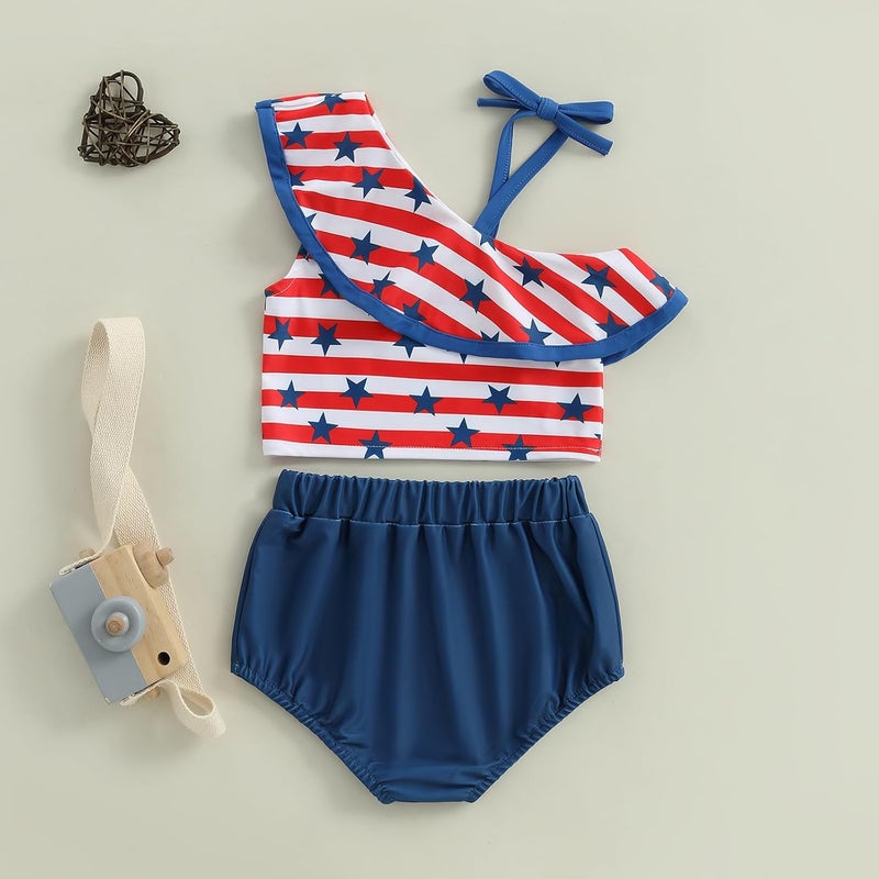 Mobbdow Toddler Baby Girl 4th of July Bathing Suit Two Piece Swimsuit Bikini One Shoulder Ruffle Tops Bottoms Swimwear Set - Image 3